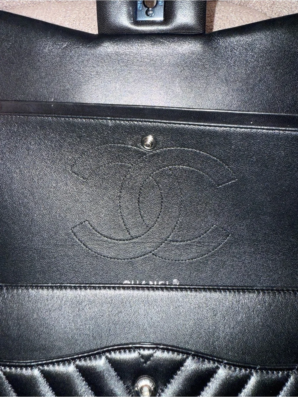 CHANEL Black Chevron Quilted Shoulder Bag with CC Turn-Lock